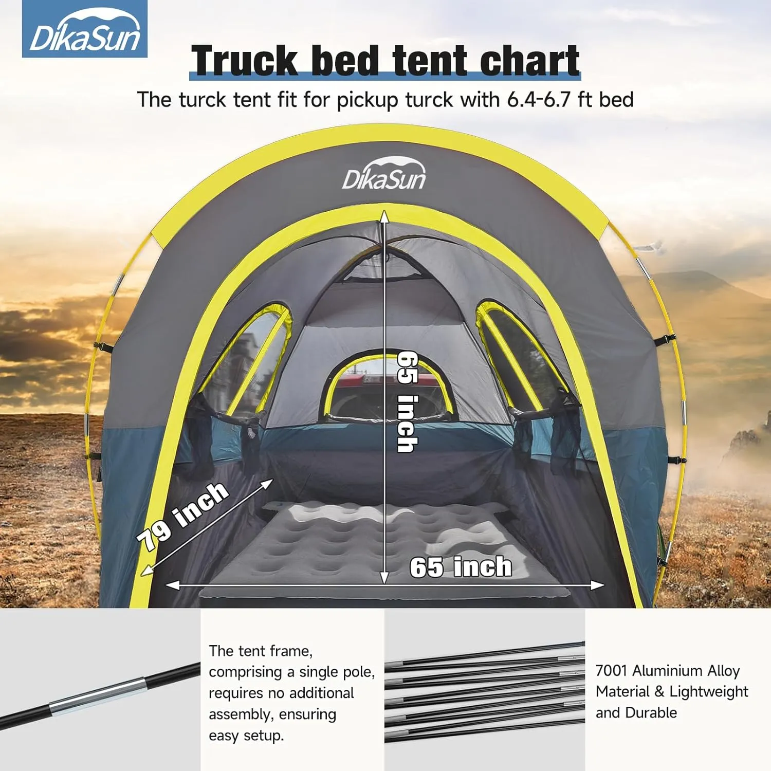 Truck Bed Tent, Double Layer Truck Tent 6.4-6.7 Ft, Waterproof PU3000mm Tear-Resistant Pickup Tent for 2 Person Camping and Outdoor with Awning