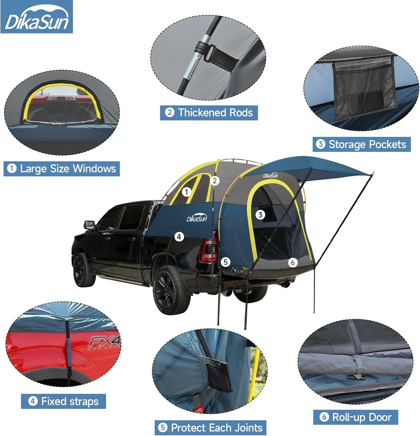 Truck Bed Tent, Double Layer Truck Tent 6.4-6.7 Ft, Waterproof PU3000mm Tear-Resistant Pickup Tent for 2 Person Camping and Outdoor with Awning