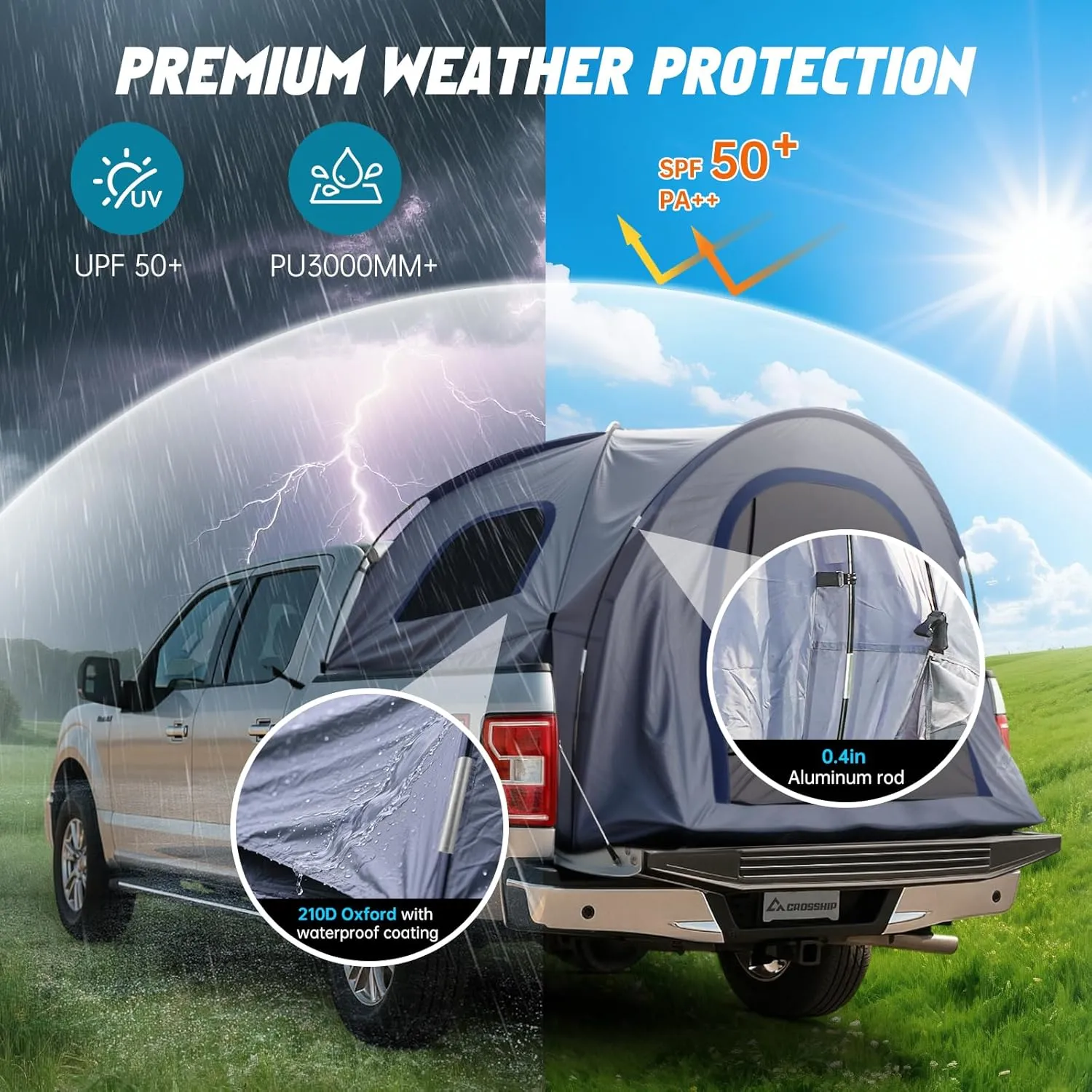 Truck Bed Tent for Pickup Trucks - Water-Resistant Canopy Anti-Tear Fabric - Insect-Prevention Double Layer - Replacement for Ford, Chevy, Dodge, GMC, Nissan, Toyota