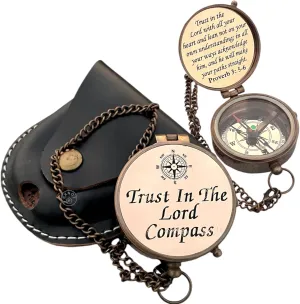 Trust in The Lord Compass, Brass Compass with Black Leather Case and Copper Dial Proverbs 3:5-6 Engraving Outdoor Adventures, or Special Occasions Like Graduations, Birthdays, or Religious Gifts
