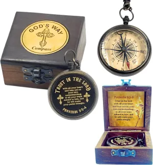 Trust in The Lord Compass Gift with Wooden Box Bible Verse Proverbs 3 5-6, Baptism - Graduation - Religious - Keepsake - Communion Gifts