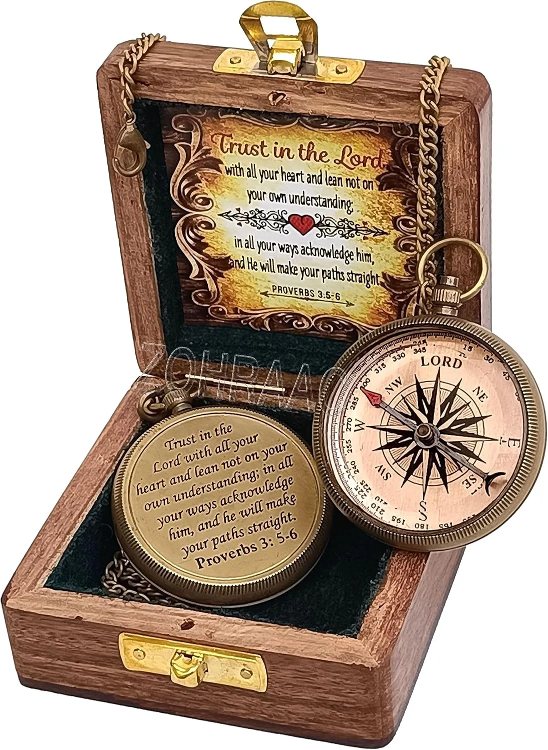Trust in The Lord with All Your Heart Brass Compass with Stamped Leather Case, Camping Compass with Wooden Box, Engraved Compass, Religious Gifts Graduation Day Gifts for Unisex