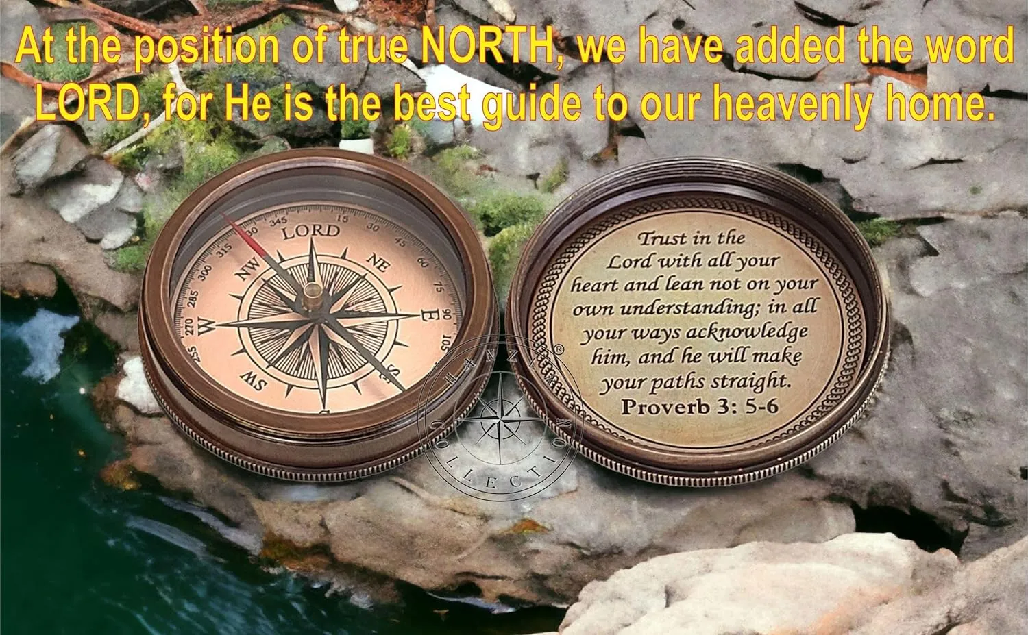 Trust in The Lord with All Your Heart Brass Compass with Stamped Leather Case, Camping Compass with Wooden Box, Engraved Compass, Religious Gifts Graduation Day Gifts for Unisex