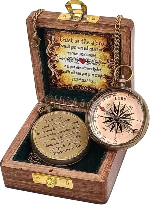 Trust in The Lord with All Your Heart Brass Compass with Stamped Leather Case, Camping Compass with Wooden Box, Engraved Compass, Religious Gifts Graduation Day Gifts for Unisex