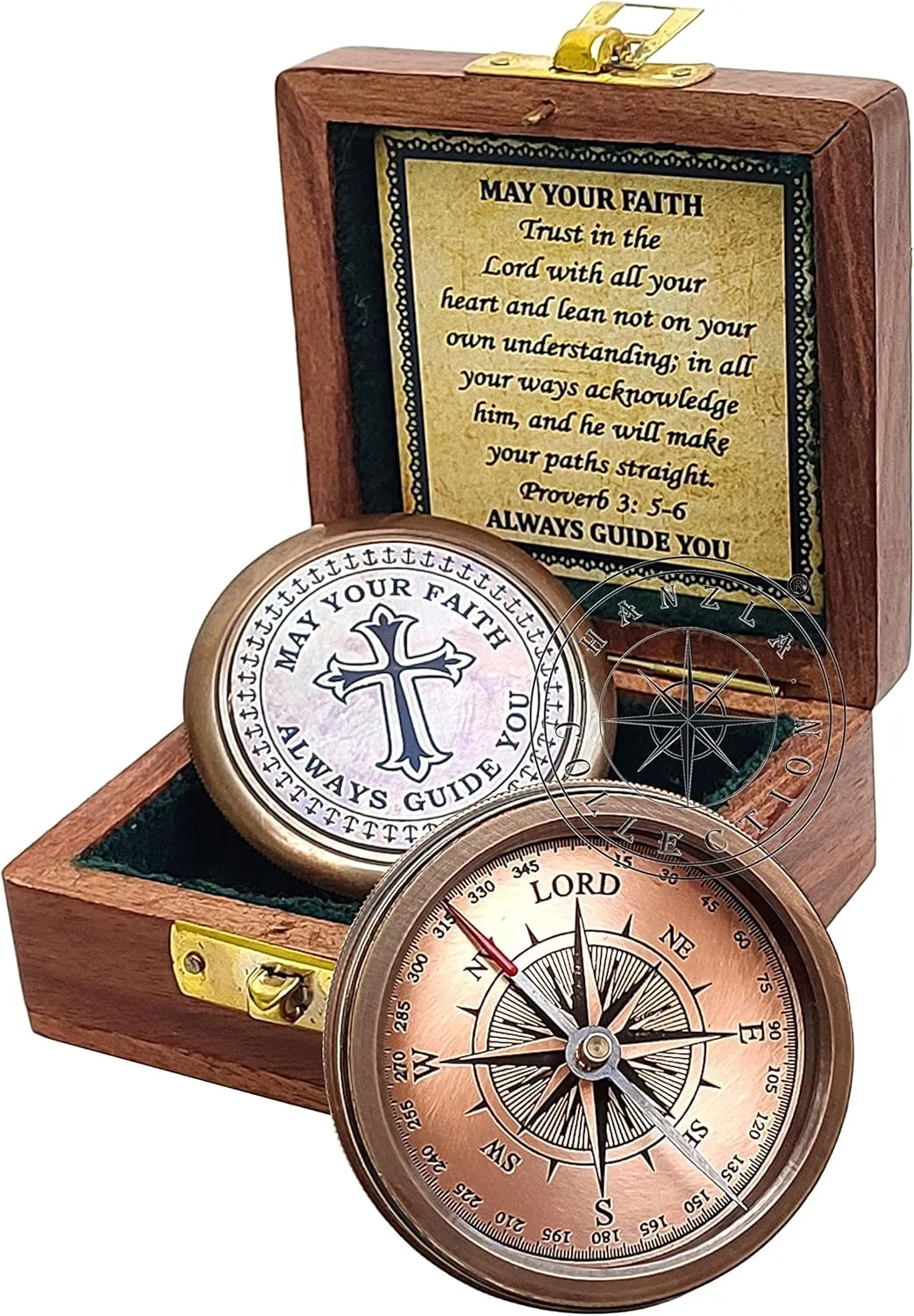 Trust in The Lord with All Your Heart Brass Compass with Stamped Leather Case, Camping Compass with Wooden Box, Engraved Compass, Religious Gifts Graduation Day Gifts for Unisex