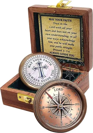 Trust in The Lord with All Your Heart Brass Compass with Stamped Leather Case, Camping Compass with Wooden Box, Engraved Compass, Religious Gifts Graduation Day Gifts for Unisex