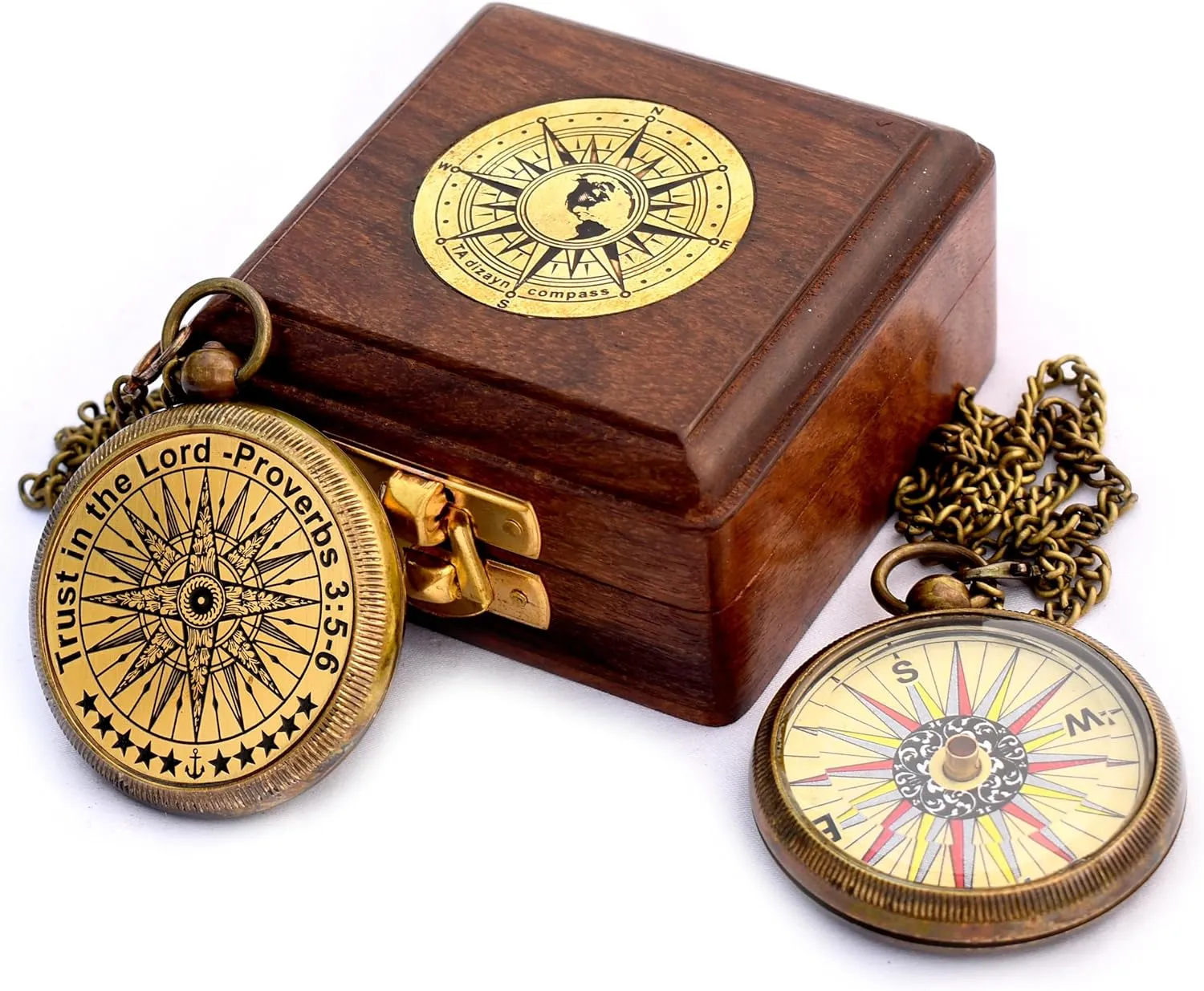 Trust in The Lord with All Your Heart -Proverbs 3: 5-6 Quote Engraved Compass with Wooden Box, Birthday, Baptism, Communion, Christmas, Graduation Day Gifts 2025 Compass for Women Mens Boy Girls