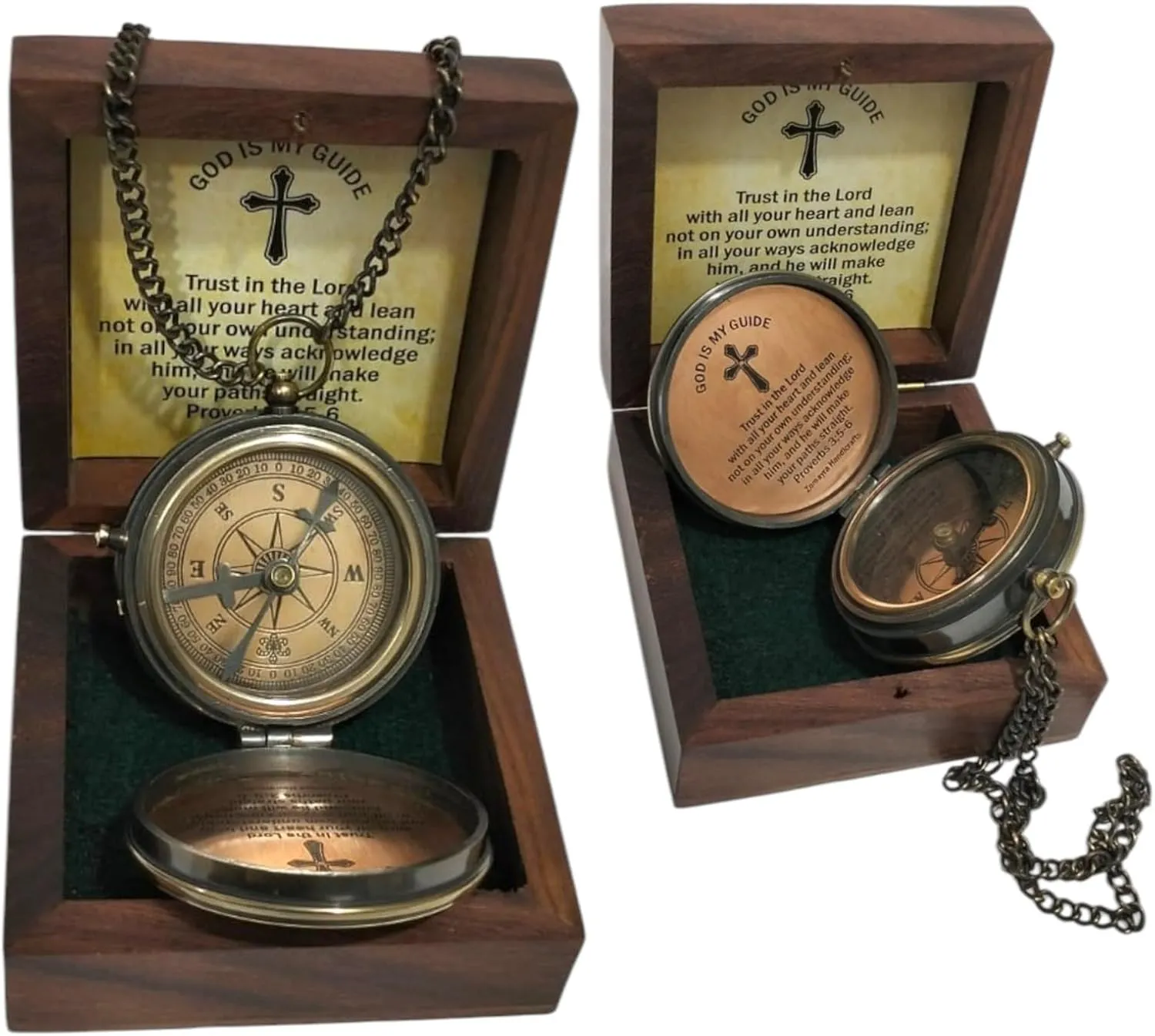 Trust in The Lord with All Your Heart -Proverbs 3: 5-6 Quote Engraved Compass with Wooden Box, Camping Compass, Gift Compass, Gifts for Men,Decor,Anniversary,Birthday