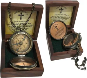 Trust in The Lord with All Your Heart -Proverbs 3: 5-6 Quote Engraved Compass with Wooden Box, Camping Compass, Gift Compass, Gifts for Men,Decor,Anniversary,Birthday