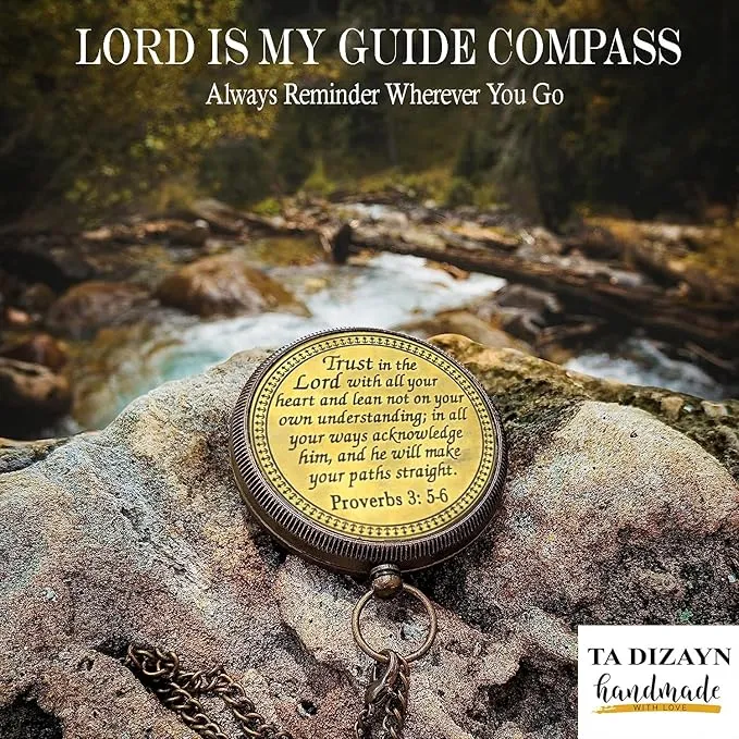 Trust in The Lord with All Your Heart -Proverbs 3: 5-6 Quote Engraved Compass with Wooden Box, Greeting card, Gift Compass, Graduation Day Gifts 2024 Compass for Women Mens Boy Girls