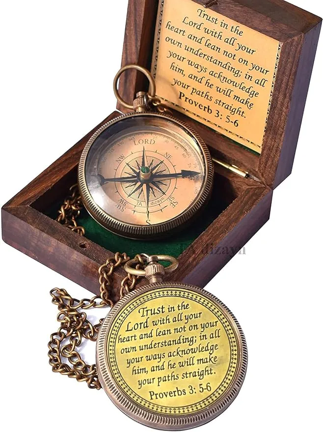 Trust in The Lord with All Your Heart -Proverbs 3: 5-6 Quote Engraved Compass with Wooden Box, Greeting card, Gift Compass, Graduation Day Gifts 2024 Compass for Women Mens Boy Girls