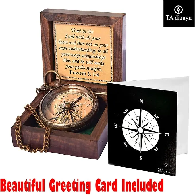 Trust in The Lord with All Your Heart -Proverbs 3: 5-6 Quote Engraved Compass with Wooden Box, Greeting card, Gift Compass, Graduation Day Gifts 2024 Compass for Women Mens Boy Girls