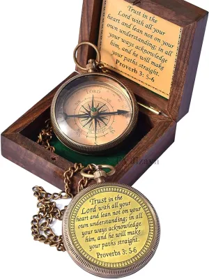 Trust in The Lord with All Your Heart -Proverbs 3: 5-6 Quote Engraved Compass with Wooden Box, Greeting card, Gift Compass, Graduation Day Gifts 2024 Compass for Women Mens Boy Girls