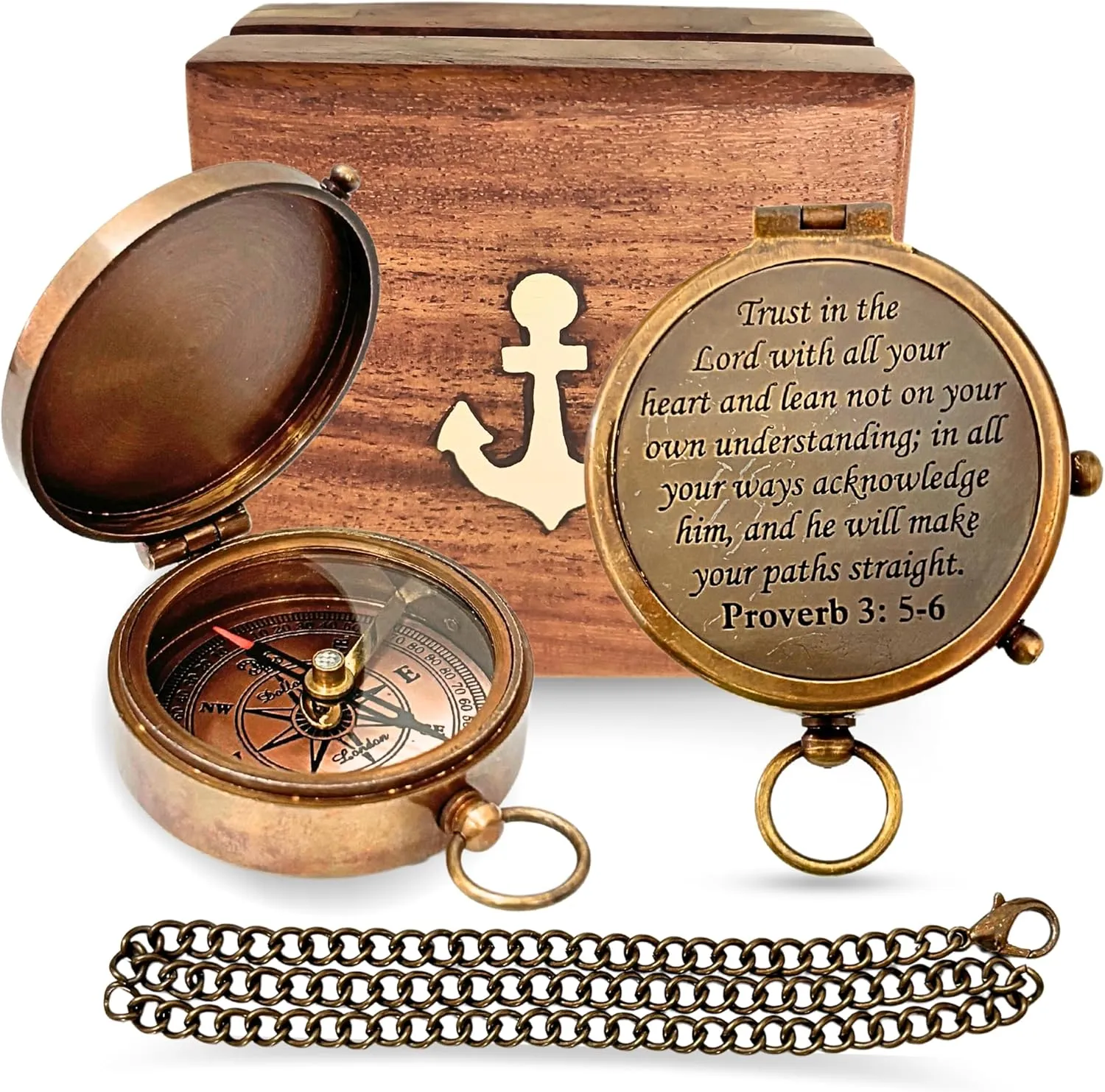 Trust in The Lord with All Your Heart - Proverbs 3:5-6 Quote Engraved Compass with Wooden Box or Leather case, Greeting Card, Gift Compass, Graduation Day Gifts 2025 for Women Men Boys Girls