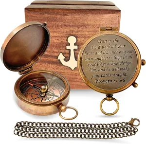Trust in The Lord with All Your Heart - Proverbs 3:5-6 Quote Engraved Compass with Wooden Box or Leather case, Greeting Card, Gift Compass, Graduation Day Gifts 2025 for Women Men Boys Girls