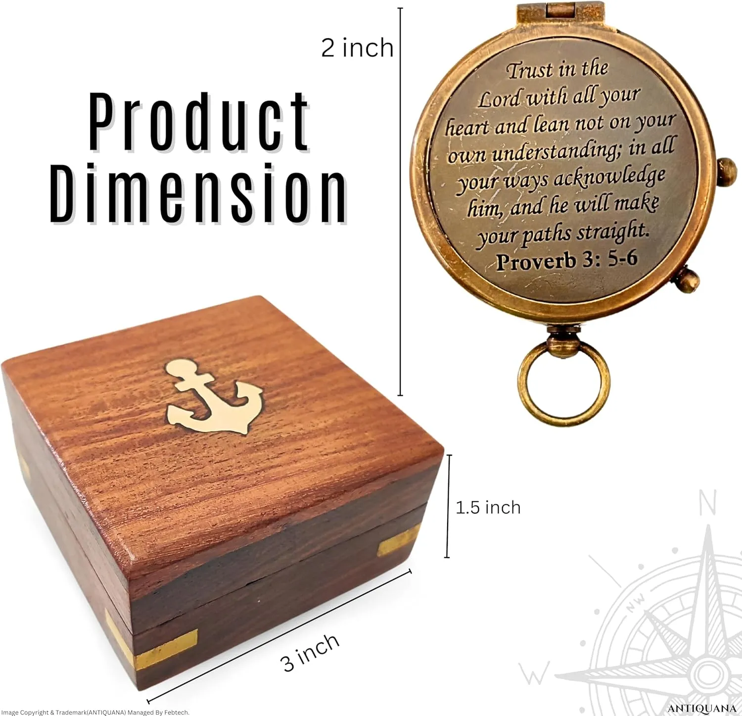Trust in The Lord with All Your Heart - Proverbs 3:5-6 Quote Engraved Compass with Wooden Box or Leather case, Greeting Card, Gift Compass, Graduation Day Gifts 2025 for Women Men Boys Girls
