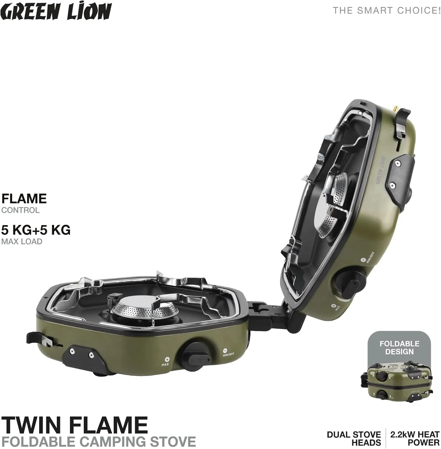 Twin Flame Foldable Camping Stove, Dual Stove Heads, 2.2kW Heating Power, Non-Slip Rack, Butane & Propane Gas, Heat Resistant Shell, Compact & Portable with Folding Design - Green
