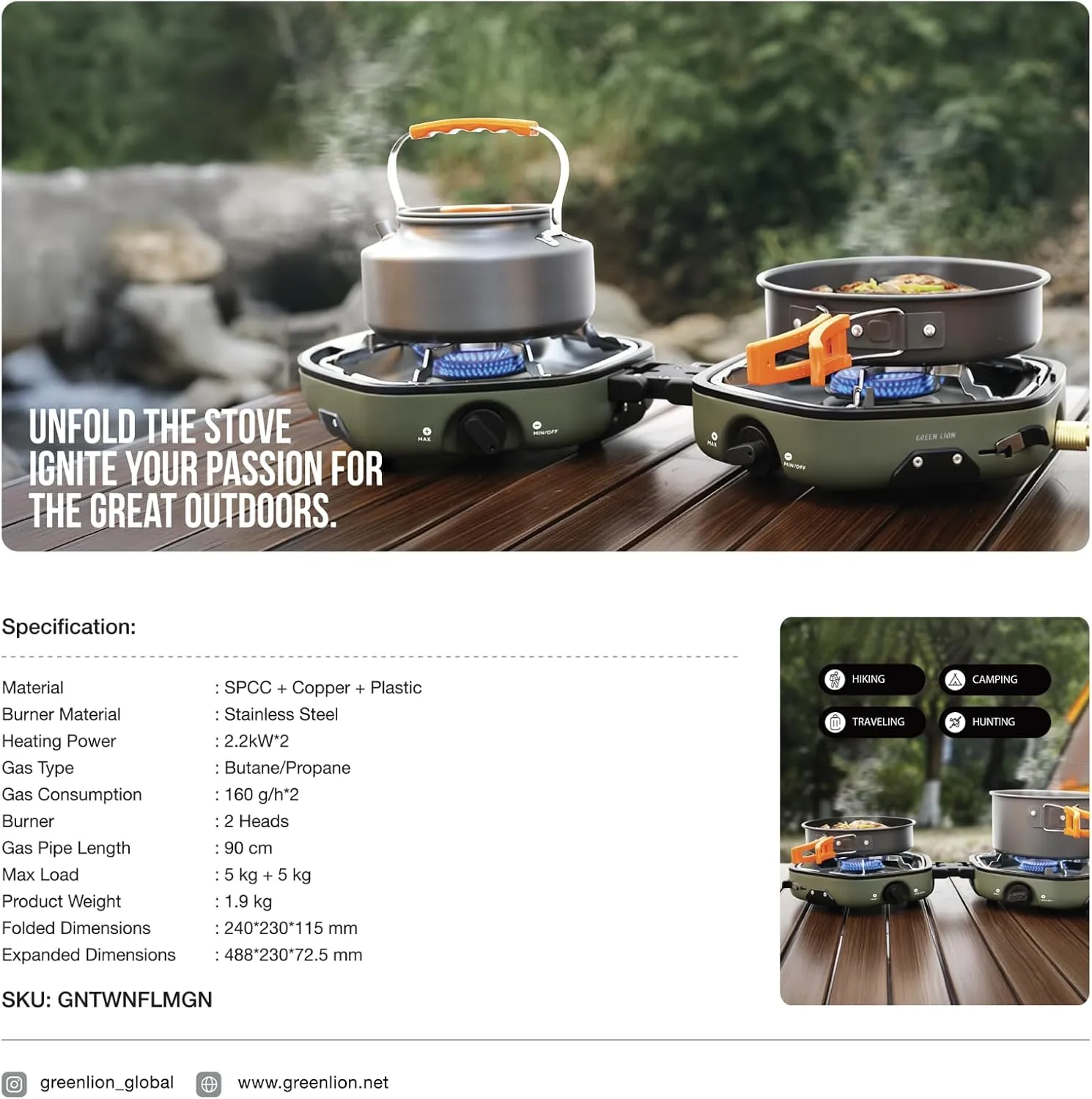 Twin Flame Foldable Camping Stove, Dual Stove Heads, 2.2kW Heating Power, Non-Slip Rack, Butane & Propane Gas, Heat Resistant Shell, Compact & Portable with Folding Design - Green