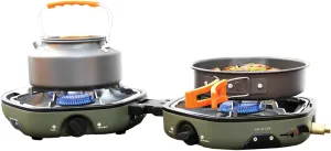 Twin Flame Foldable Camping Stove, Dual Stove Heads, 2.2kW Heating Power, Non-Slip Rack, Butane & Propane Gas, Heat Resistant Shell, Compact & Portable with Folding Design - Green