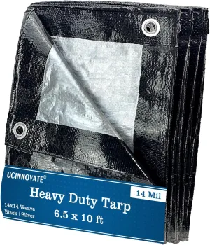 UCINNOVATE Black/Silver Tarp Heavy Duty Waterproof, Durable 14 Mil Thick 160GSM 6.5x10 FT UV Resistant Tarp Cover with Grommets, Protective Poly Tarp for Trailer Outdoor Furniture Equipment Dog Kennel