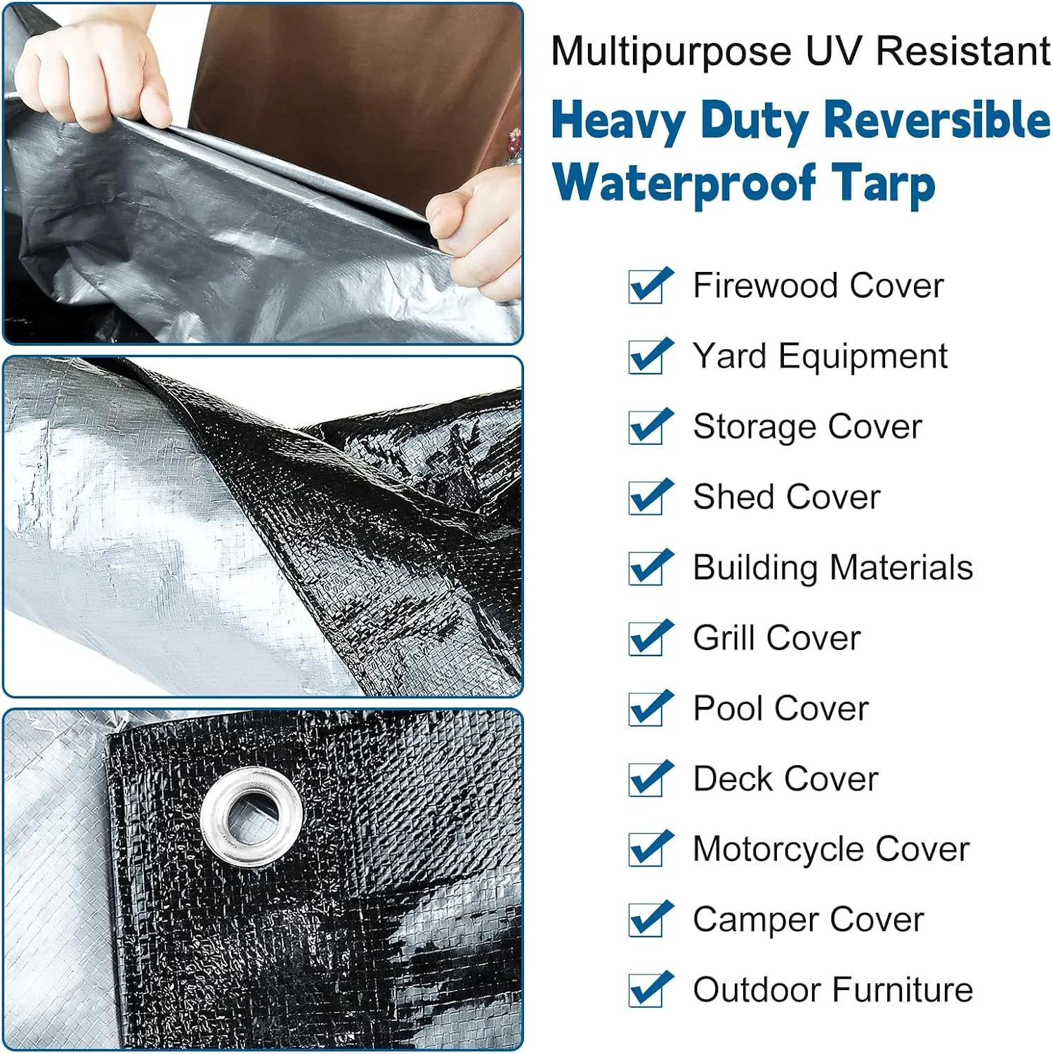 UCINNOVATE Black/Silver Tarp Heavy Duty Waterproof, Durable 14 Mil Thick 160GSM 6.5x10 FT UV Resistant Tarp Cover with Grommets, Protective Poly Tarp for Trailer Outdoor Furniture Equipment Dog Kennel