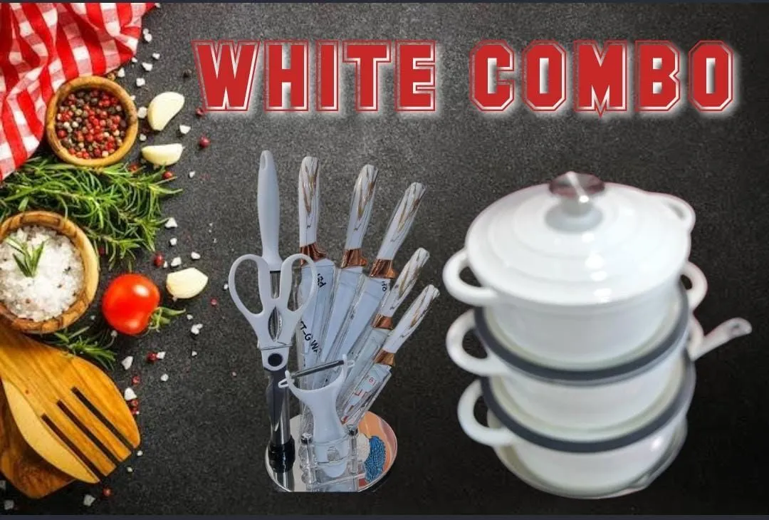 ULTIMATE KITCHEN COMBO - 7-PIECE CAST IRON POT SET   8-PIECE KNIFE SET