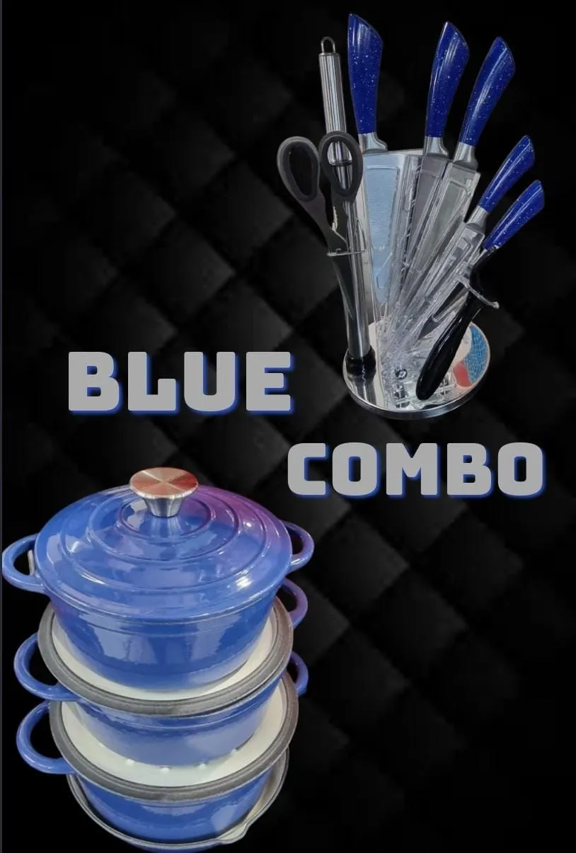 ULTIMATE KITCHEN COMBO - 7-PIECE CAST IRON POT SET   8-PIECE KNIFE SET