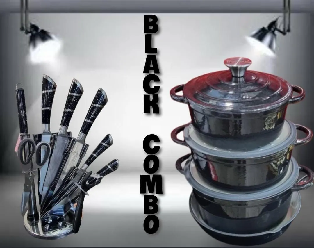 ULTIMATE KITCHEN COMBO - 7-PIECE CAST IRON POT SET   8-PIECE KNIFE SET
