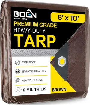 Ultra Heavy Duty 16 Mil Thick 8' x 10' Brown Tarp Cover, Waterproof, Tear Proof and UV Resistant, with Reinforced Edges and Grommets