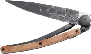 Ultra-light folding pocket knife with belt clip - 1.3 OZ Juniper Wood version - Thin and sharp blade - Trout pattern - Stainless steel - Elegant and modern design