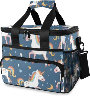 Unicorn Pattern Blue Cooler Bag Insulated Cooler Soft Sided Cooler 24 Can Portable Picnic Bag Large Leakproof Lunch Bag Box for Beach Grocery Camping Travel Car Men Women