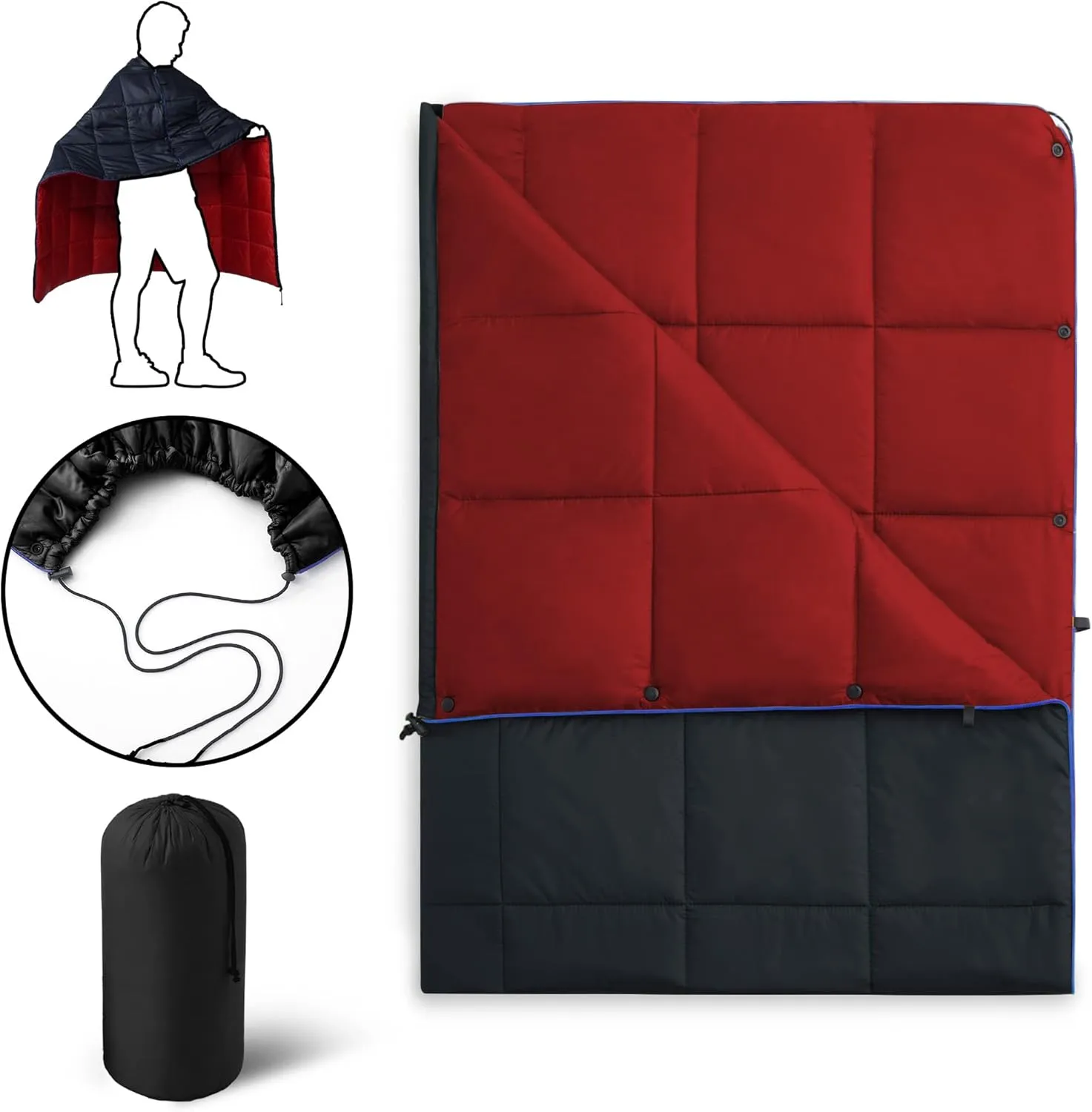 UNIKOME Outdoor Packable Camping Blanket, Lightweight Travel Blanket for Camping, Dual-Sides Puffy Down Alternative Camping Blanket with Snap Clasps, 75"×52", Black&Red