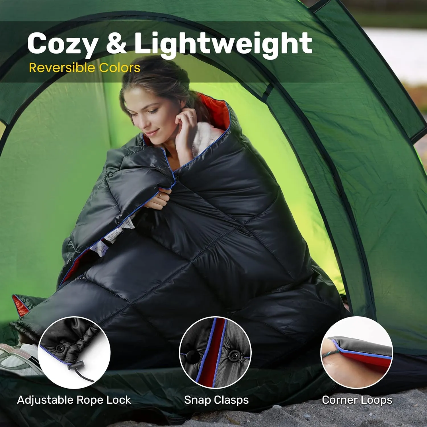 UNIKOME Outdoor Packable Camping Blanket, Lightweight Travel Blanket for Camping, Dual-Sides Puffy Down Alternative Camping Blanket with Snap Clasps, 75"×52", Black&Red