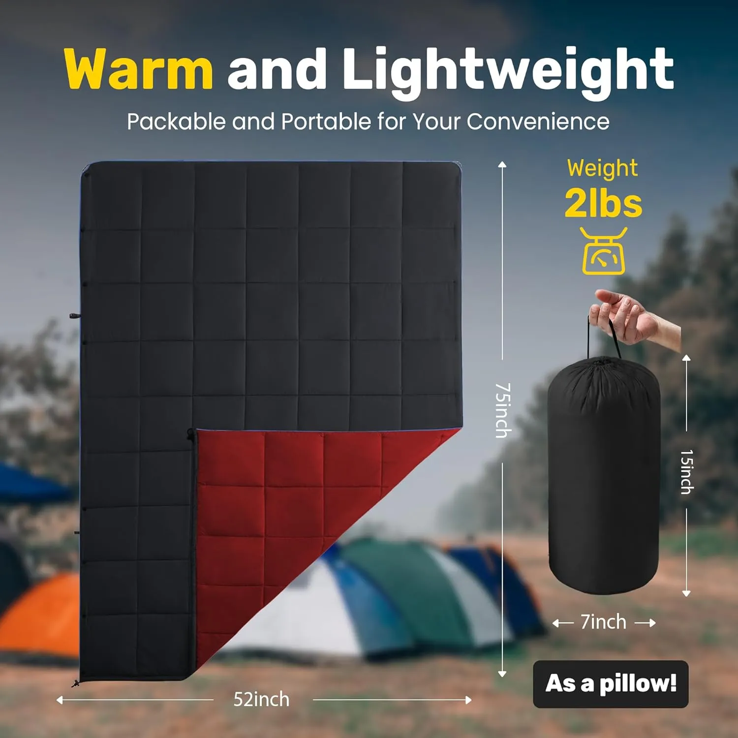 UNIKOME Outdoor Packable Camping Blanket, Lightweight Travel Blanket for Camping, Dual-Sides Puffy Down Alternative Camping Blanket with Snap Clasps, 75"×52", Black&Red