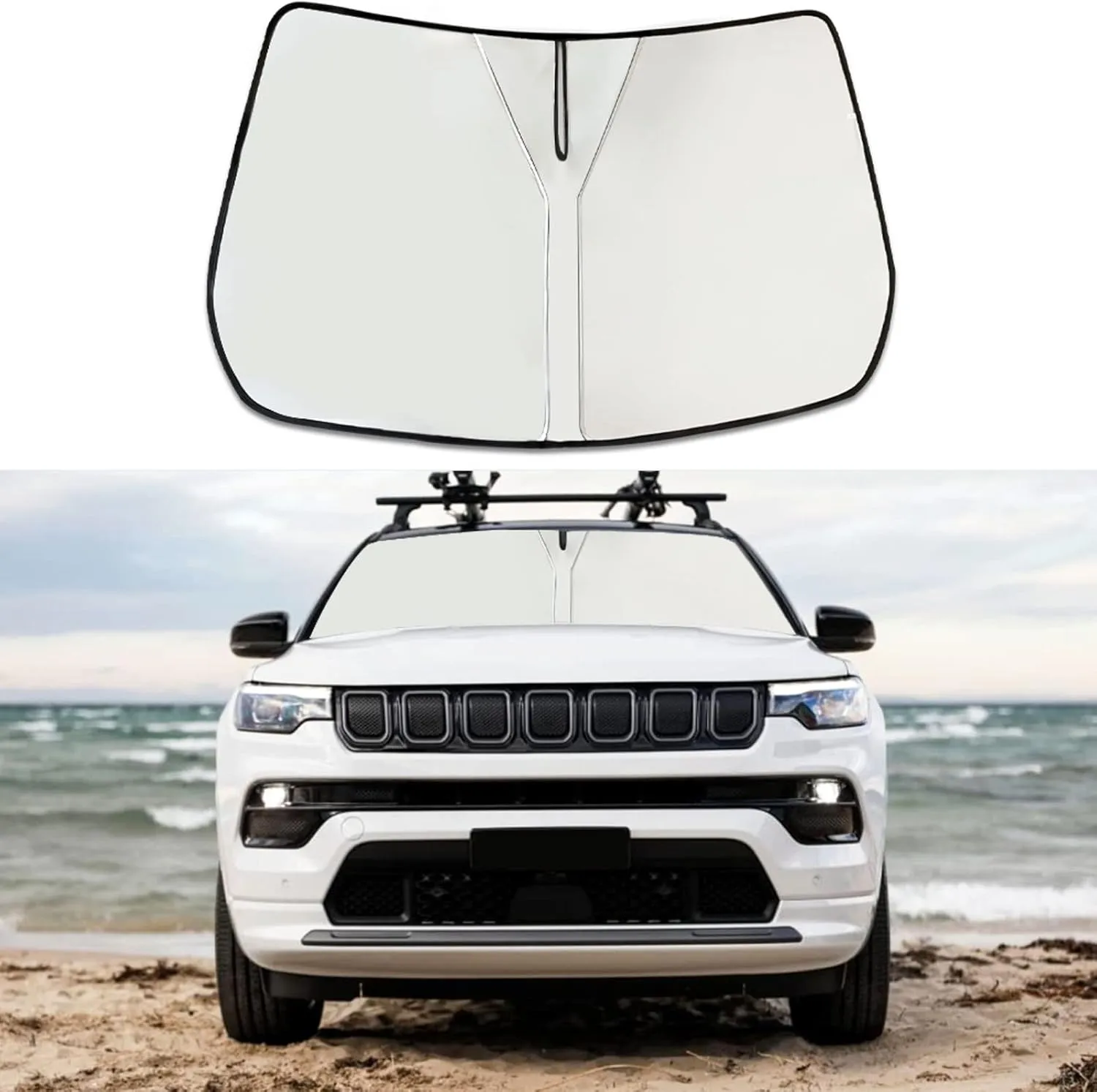 Upgrade Windshield Sun Shade for Jeep Compass 2017-2023, Foldable Windshield Sun Visor Blocks UV Rays