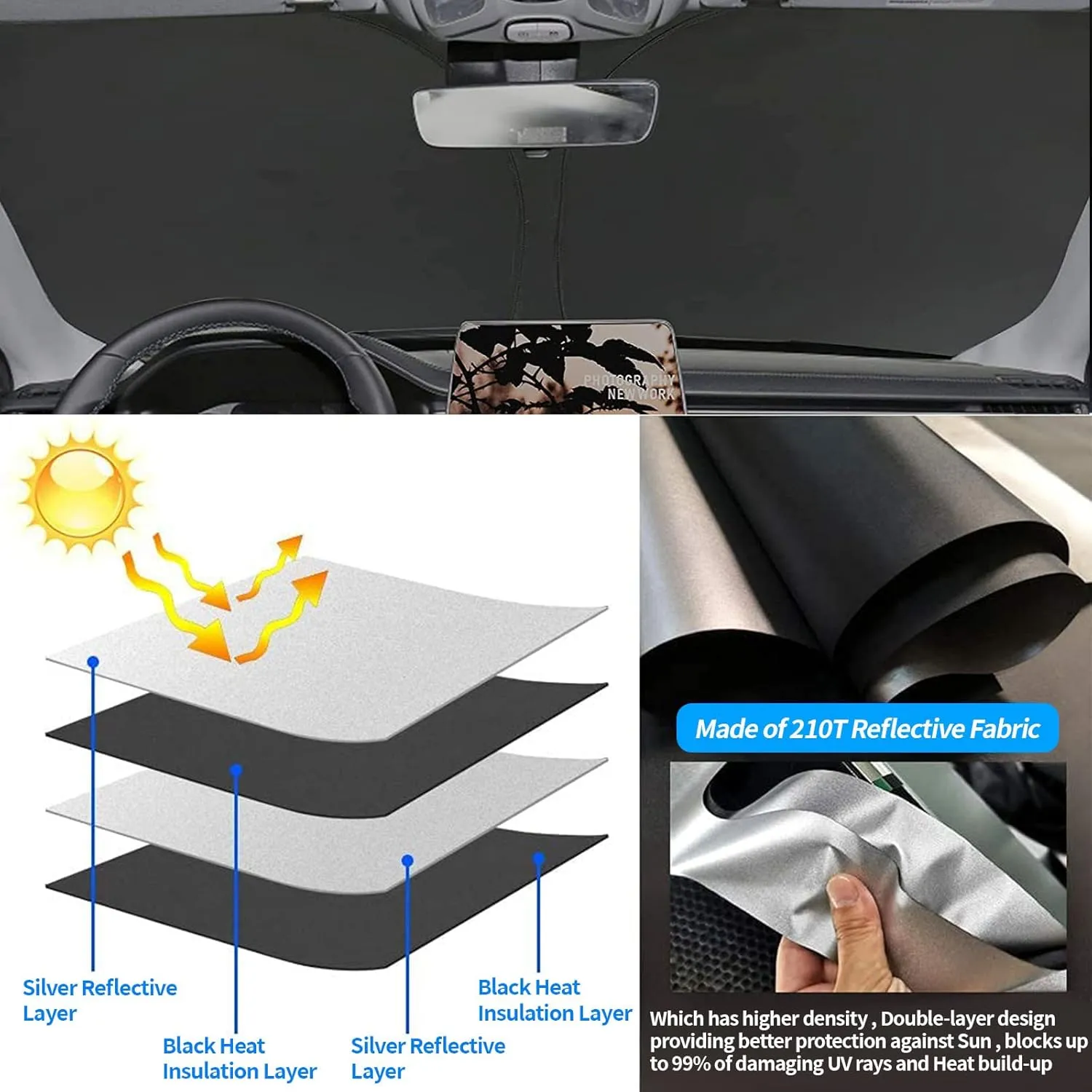 Upgrade Windshield Sun Shade for Jeep Compass 2017-2023, Foldable Windshield Sun Visor Blocks UV Rays