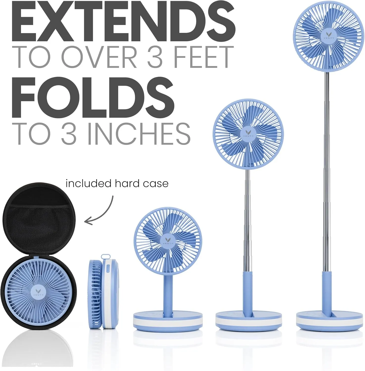 VENTY Portable Fan - Wireless Battery Operated Fan - 4 Speeds - LED Lighting - Carry Case & Remote Control - Cruise Travel - Outdoor Travel RV Power Bank With USB-C Port (Blue with Case)