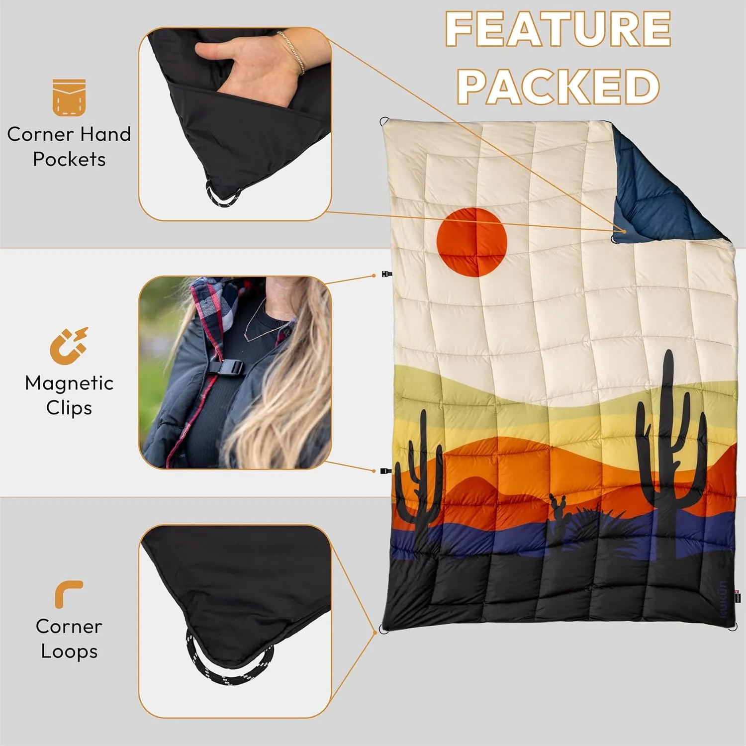 Versatile Packable Outdoor Camping Blanket, Puffy Blanket, Primaloft® Insulation, Warm, Durable, Lightweight, Waterproof, Oversize, Beach, Stadium, and More! 55"x80" (Desert)