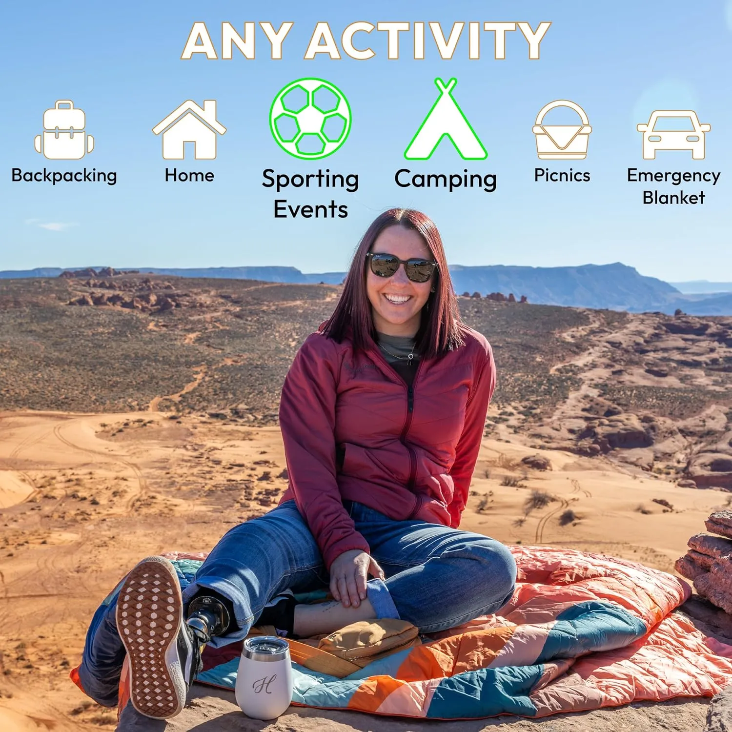 Versatile Packable Outdoor Camping Blanket, Puffy Blanket, Primaloft® Insulation, Warm, Durable, Lightweight, Waterproof, Oversize, Beach, Stadium, and More! 55"x80" (Desert)
