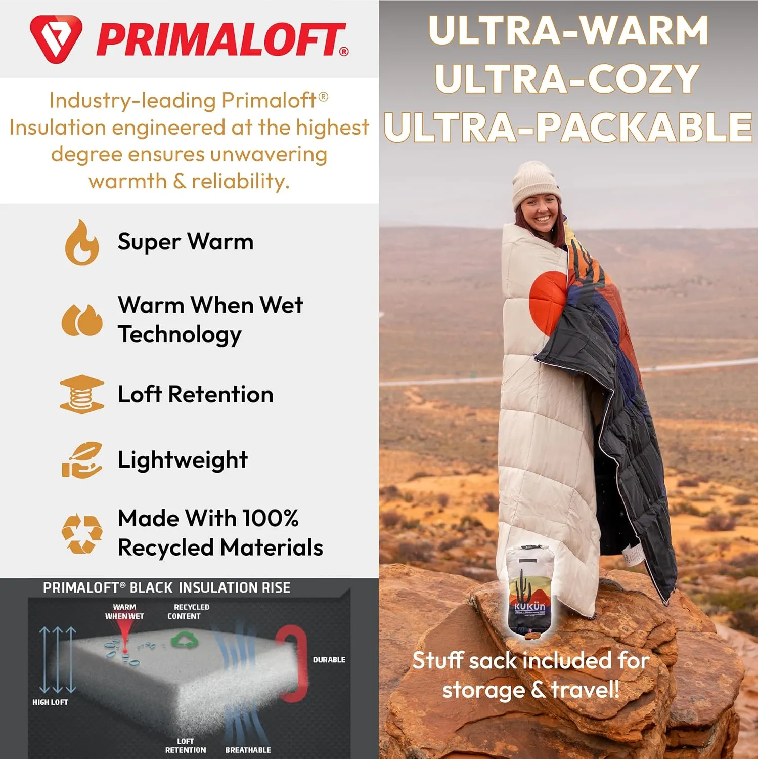 Versatile Packable Outdoor Camping Blanket, Puffy Blanket, Primaloft® Insulation, Warm, Durable, Lightweight, Waterproof, Oversize, Beach, Stadium, and More! 55"x80" (Desert)
