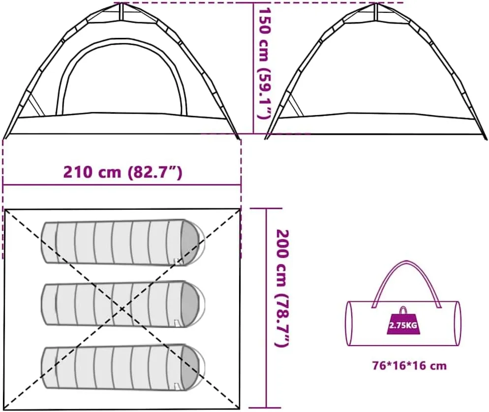 vidaXL Camping Tent 3-Person, Garden Shelter, Portable Canopy for Outdoor Patio Hiking, Lightweight Tent, Foldable Tent, Green Quick Release