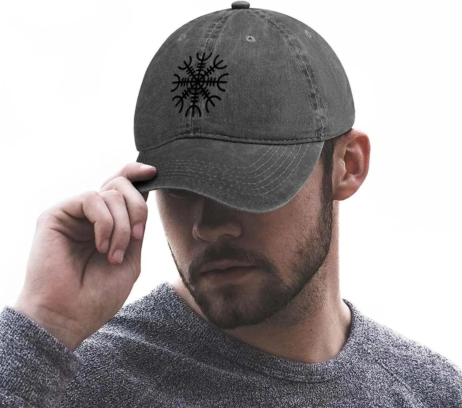 Viking Symbol Baseball Cap, Norse Vegvisir Iceland Runes Compass Sun Hat, Adjustable Cotton Trucker Hat Golf Hat,Dark Gray