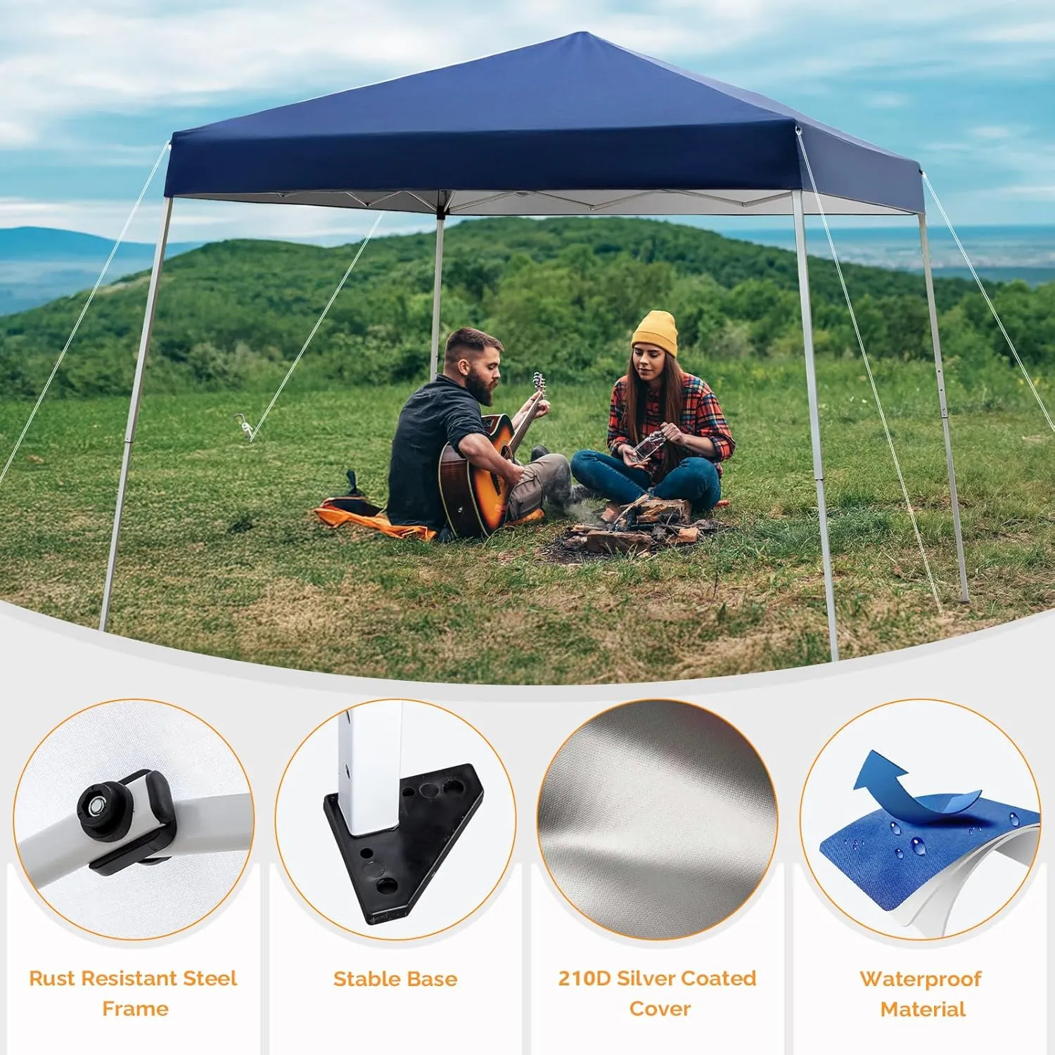 VINGLI 8x8 ft Pop Up Canopy Tent, Easy Up Outdoor Tent Canopy, Foldable Portable Canopies for Camping, Patio, Outdoor Gazebo Slant Legs, Outdoor Instant Shelter Canopies with Carry Bag (Blue)
