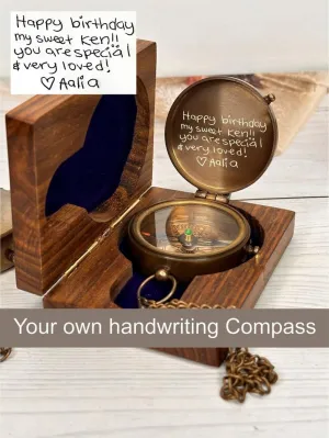 Vintage Brass Compass with Hand-Engraved Wilderness Design in Wooden Box Nautical Decor & Outdoor Adventure Gift