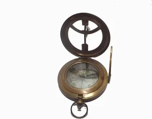 Vintage Brass Pocket Compass with Sundial, 2 Inch, Magnetic Push Button Design