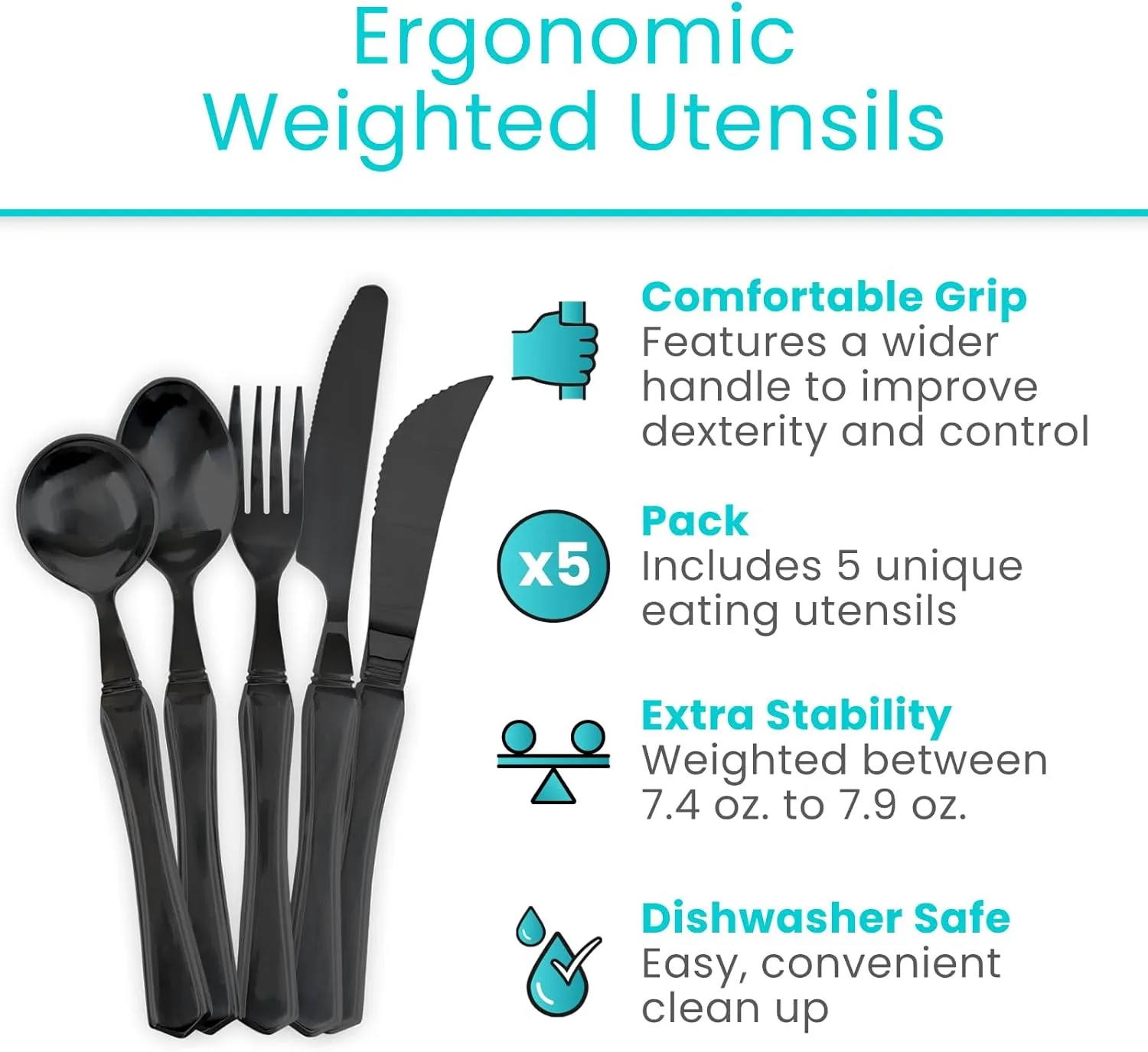 Vive Weighted Utensils (5 Piece) - Parkinson Spoon and Fork Set Plus Knife - Adaptive, Heavy 7 ounce Weight Stainless Steel Silverware for Hand Tremors, Adults, Elderly Patients