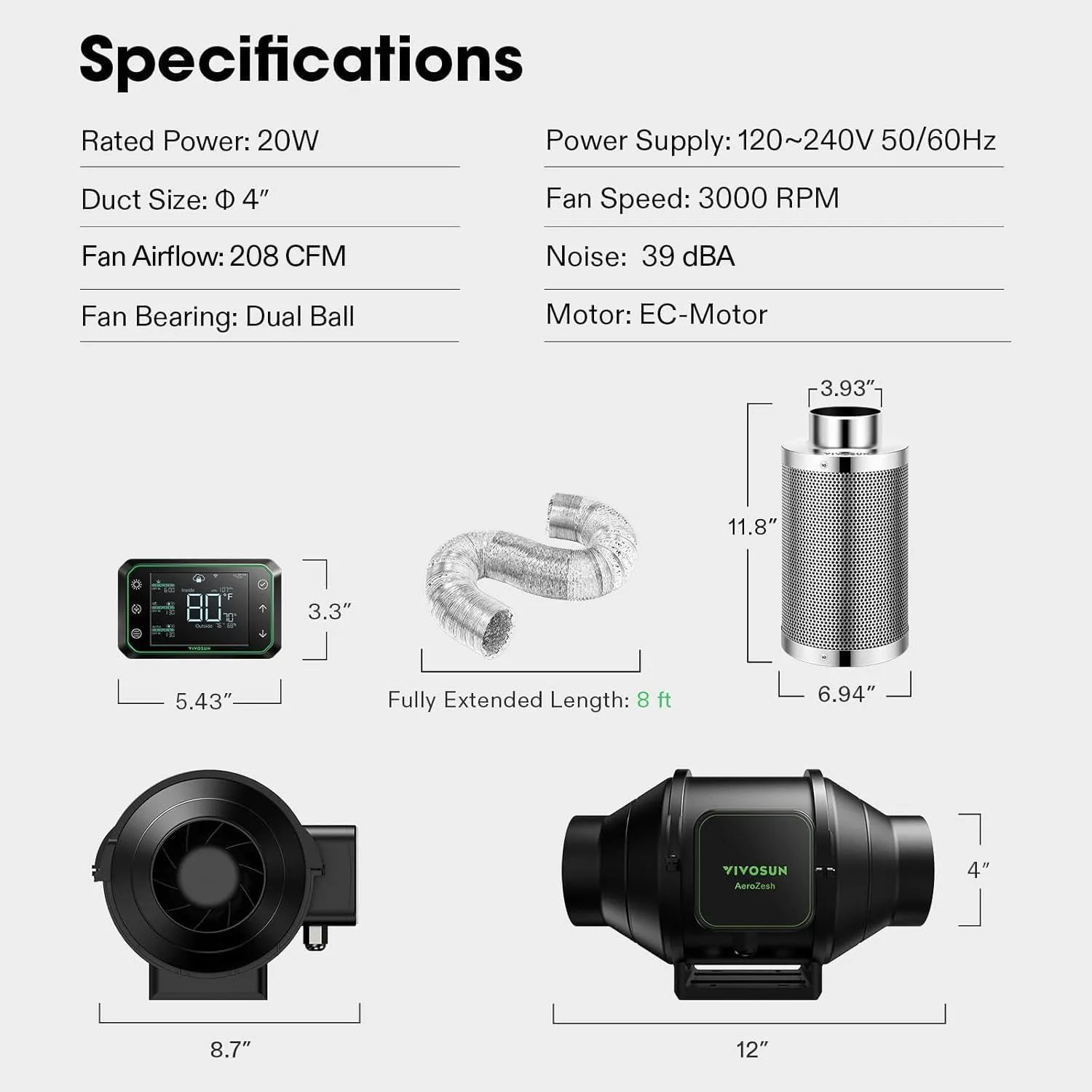 VIVOSUN Smart Air Filtration PRO S4 Kit 4", AeroZesh S4 Inline Duct Fan w/GrowHub E42A Temp. Humidity WiFi-Controller, Carbon Filter & Ducting, Cooling & Ventilation System for Grow Tent, Hydroponics