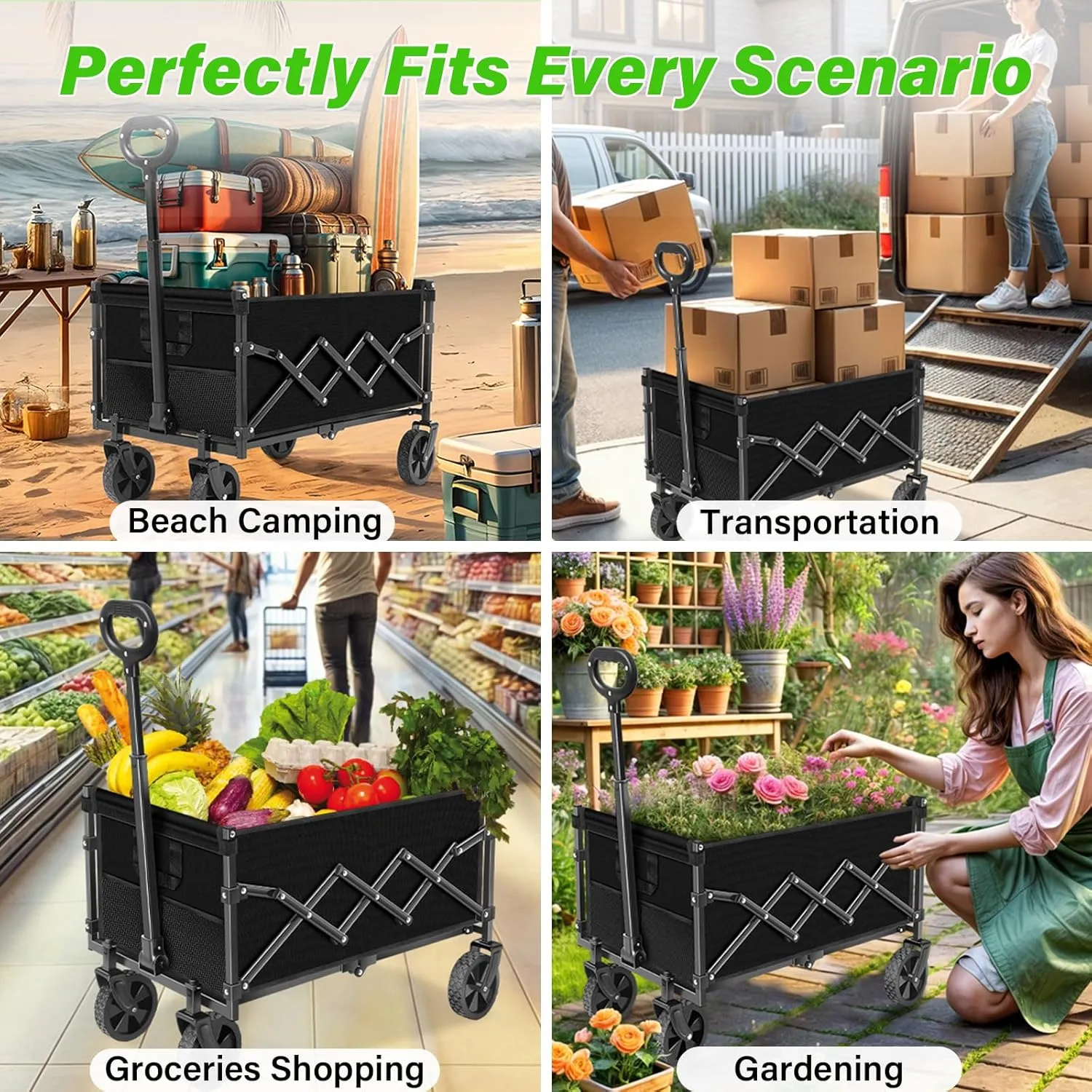 Wagons Carts Foldable, Collapsible Folding Wagon Cart with All-Terrain Wheels, 2 Cup Holders/Heavy Duty 360 LBS, Lightweight Folding Utility for Beach Camping Grocery Sports Garden,Black