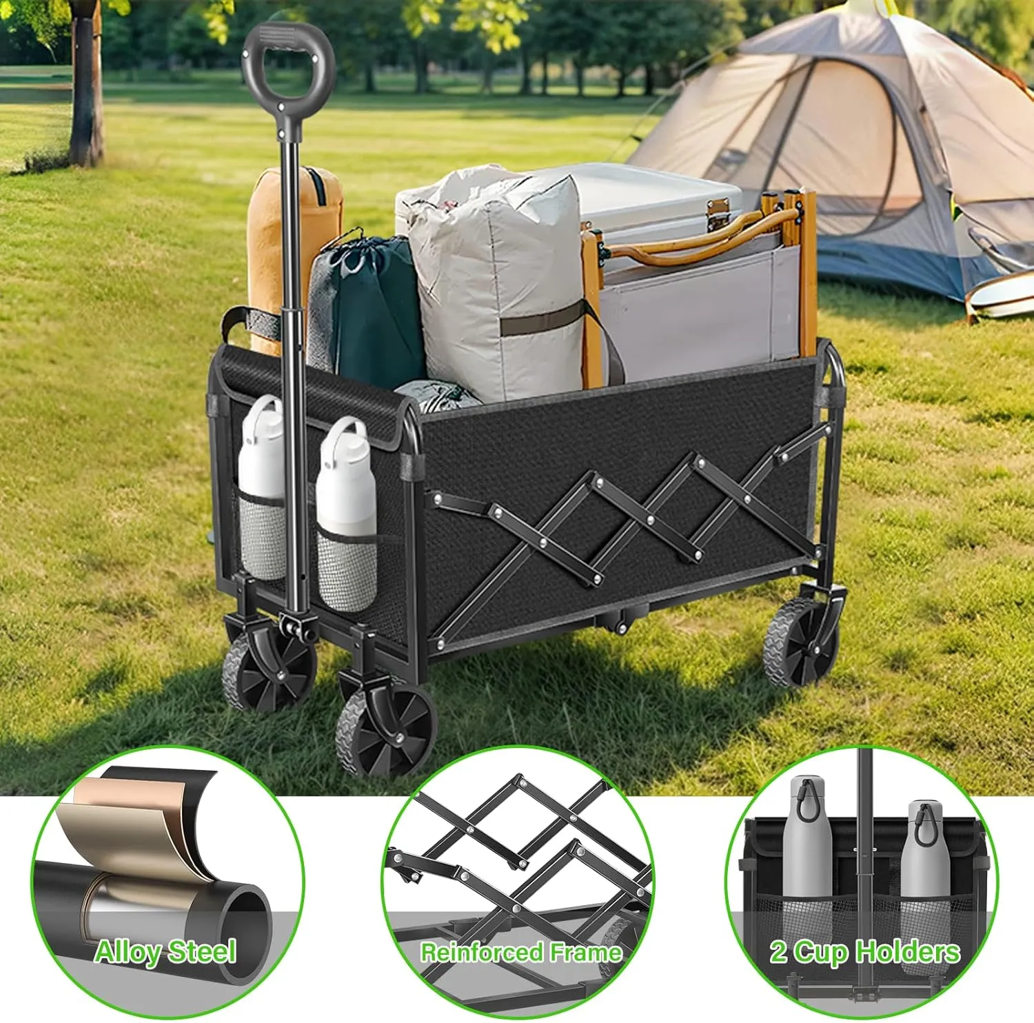 Wagons Carts Foldable, Collapsible Folding Wagon Cart with All-Terrain Wheels, 2 Cup Holders/Heavy Duty 360 LBS, Lightweight Folding Utility for Beach Camping Grocery Sports Garden,Black