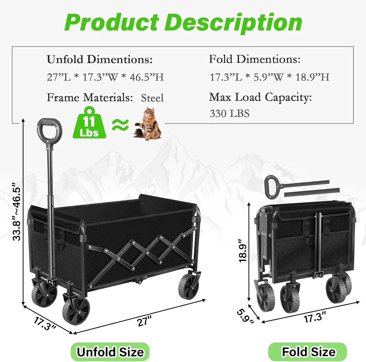 Wagons Carts Foldable, Collapsible Folding Wagon Cart with All-Terrain Wheels, 2 Cup Holders/Heavy Duty 360 LBS, Lightweight Folding Utility for Beach Camping Grocery Sports Garden,Black